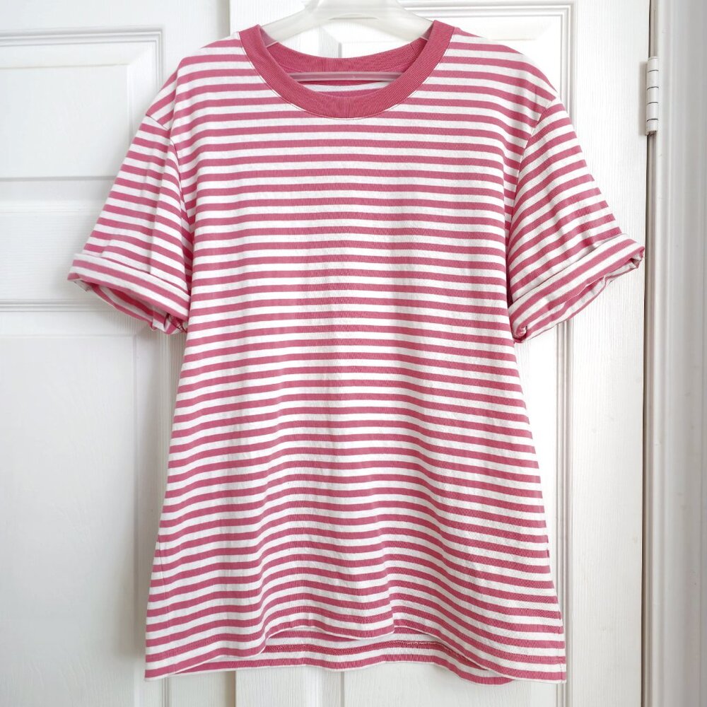 JW ANDERSON Pink and White Striped Short Sleeve Tee